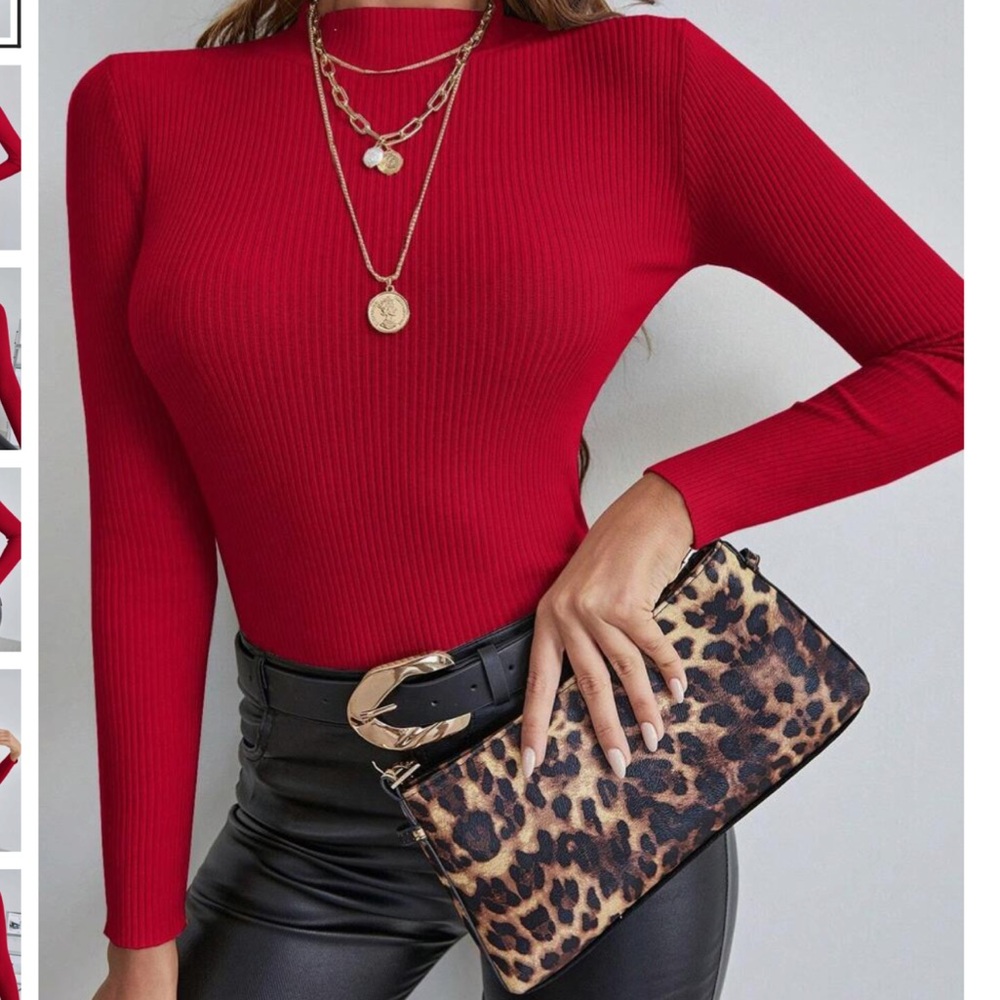 High Neck Ribbed Lightweight Long Sleeve Bold Bright Red Blouse Sweater